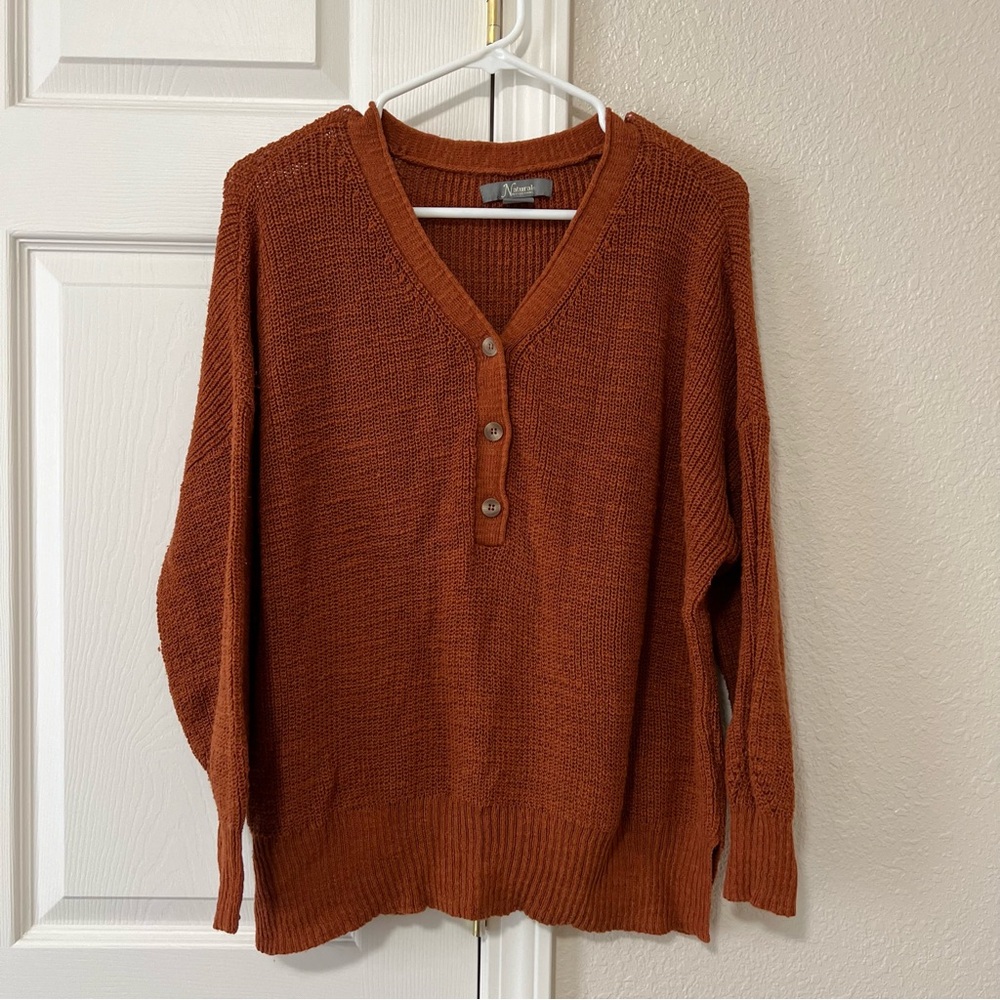 Natural Reflections Rust Orange Henley Knit Sweater Women’s Large Cotton Blend